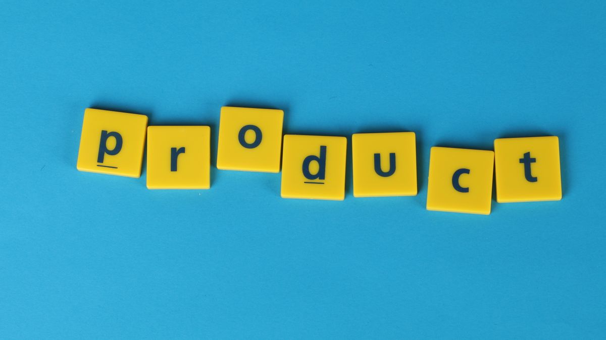 Yellow tiles arranged to spell 'product' on a vibrant blue background, ideal for creative design and marketing materials