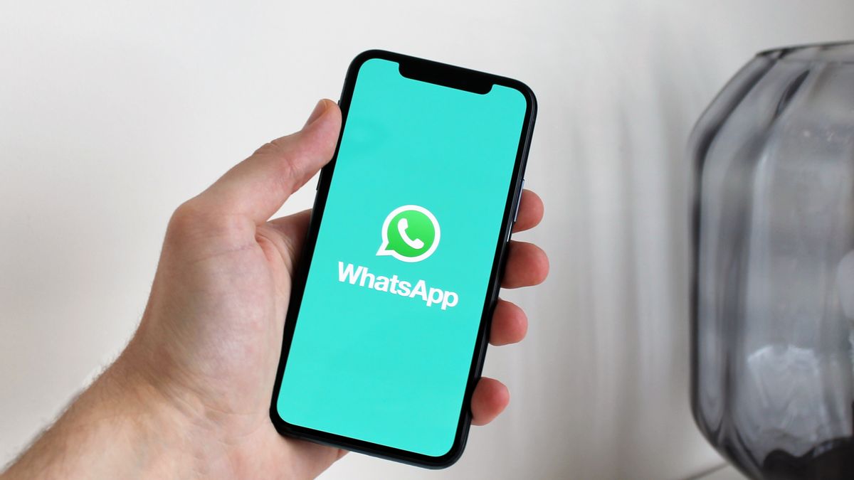 Close-up of a hand holding a smartphone displaying the WhatsApp app screen.