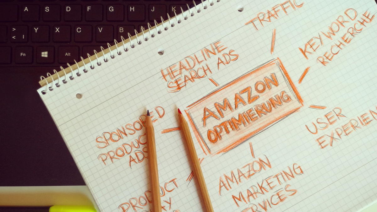 Visual representation of Amazon optimization techniques with handwritten notes and pencils.